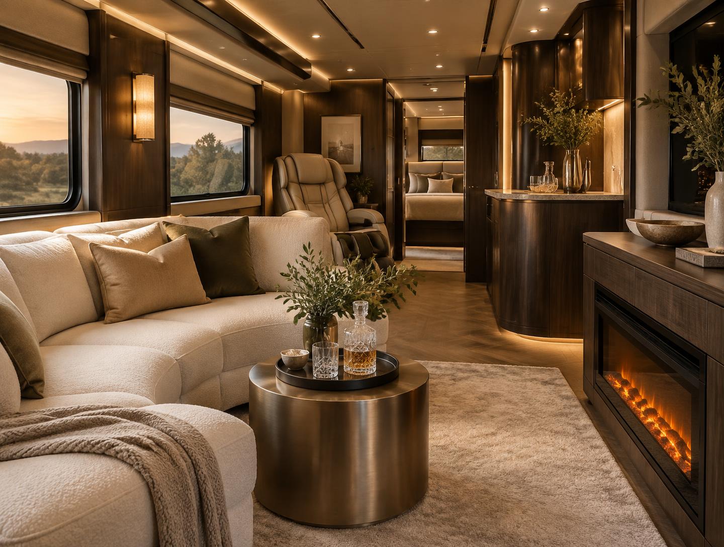 Cream lounge seating and fireplace inside the Nomadic suite